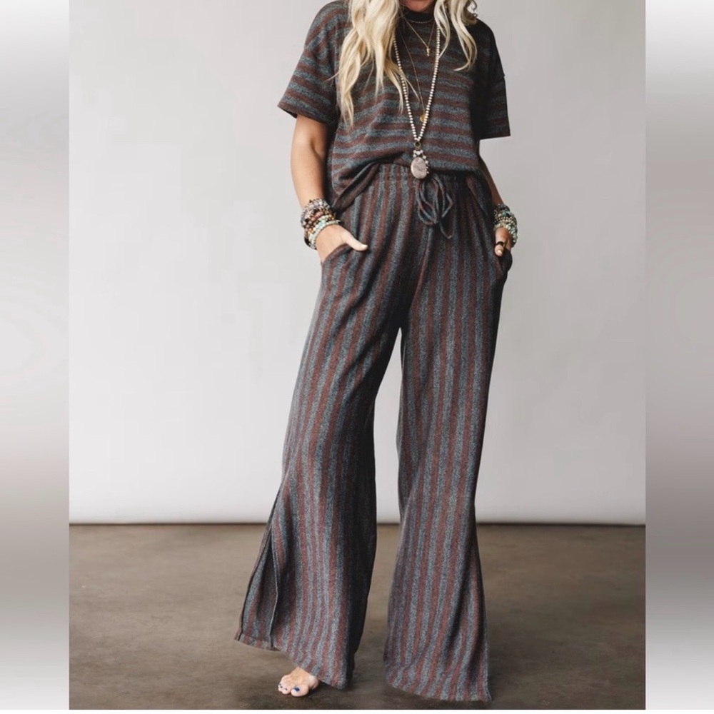 Three Bird Nest Striped Knit Lounge Set in Charcoal, Rust & Teal